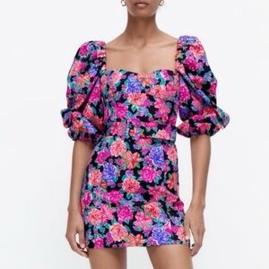 ZARA | BLOGGER‎ FAVE Floral Print Belted Puff Sleeve Square Neck Mini Dress